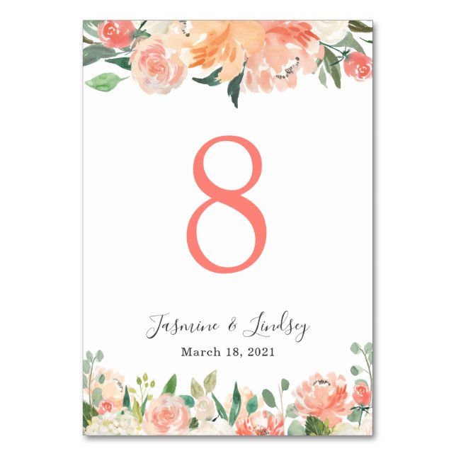 Coral Peach Roses and Peonies Floral Wedding Table Number (Front)