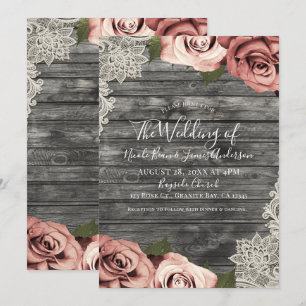 Coral Peach Roses Grey Rustic Wood Lace Wedding Invitation