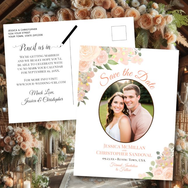 Coral Peach Roses Oval Photo Wedding Save the Date Announcement Postcard (Front/Back)