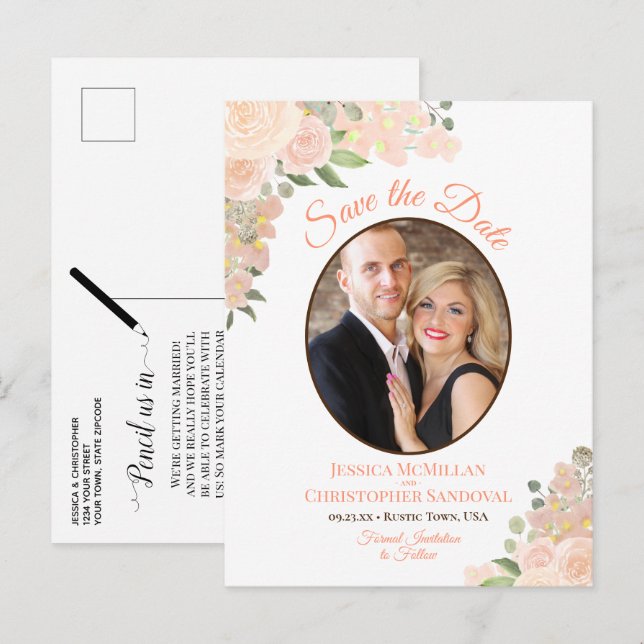 Coral Peach Roses Oval Photo Wedding Save the Date Announcement Postcard (Front/Back)