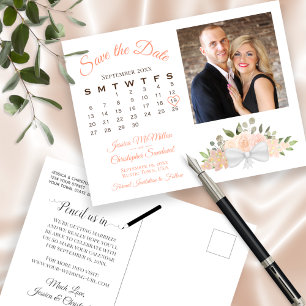 Coral Peach Roses Photo & Calendar Save the Date Announcement Postcard