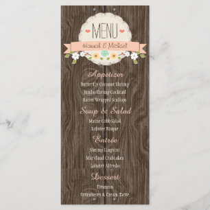 Coral Peach Rustic Floral Wedding Menu Card