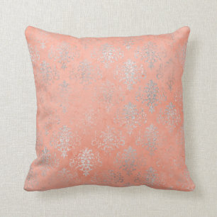 Coral Peach Salmon Damask Blush Silver Rose Floral Cushion