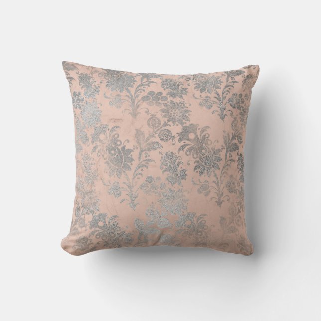 Coral Peach Salmon Gray Blush Silver Rose Floral Cushion (Front)