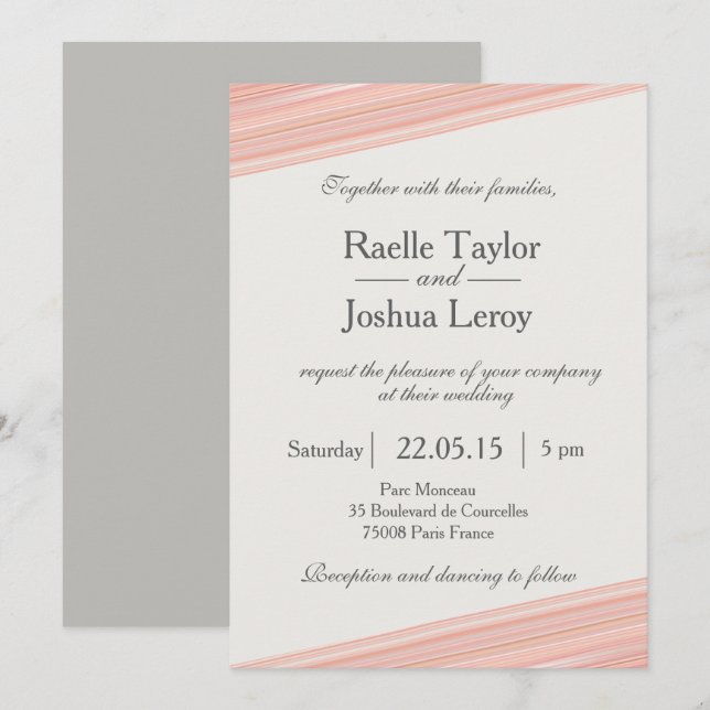 Coral peach stripes white grey wedding invitation (Front/Back)