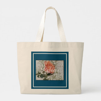 Coral Peach Teal White Rose Floral Wedding Large Tote Bag