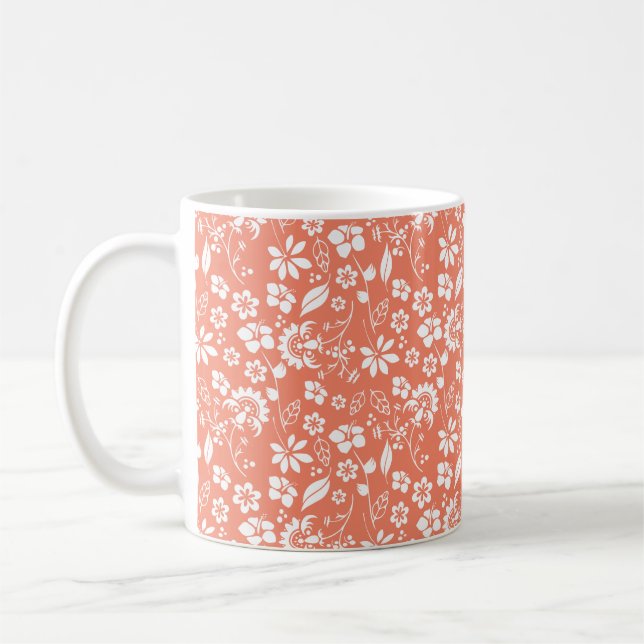 Coral Peach Tropical Flowers Spring Garden Coffee Mug (Left)