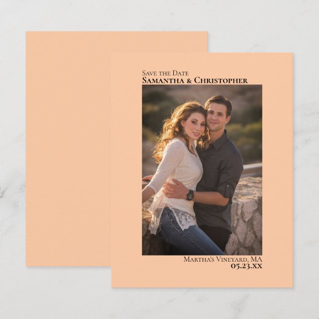 Coral Peach Vertical Photo Minimalist Wedding Save The Date (Front/Back)
