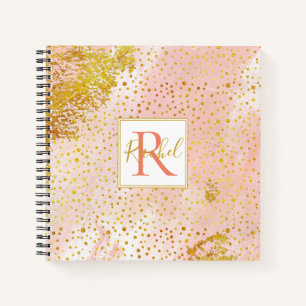 Coral peach watercolor, gold confetti monogram notebook