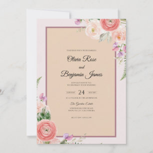 Coral Peach Watercolor Petal Wedding Invitation