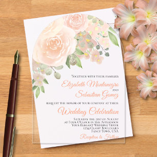 Coral Peach Watercolor Roses Elegant Arch Wedding Acrylic Invitations