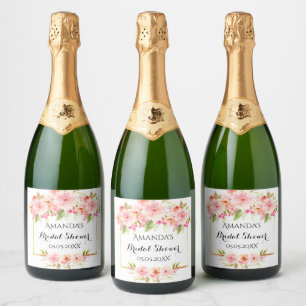 Coral peach watercolored flowers bridal shower sparkling wine label