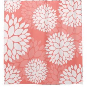 Coral Peach White Floral Pattern Shower Curtain