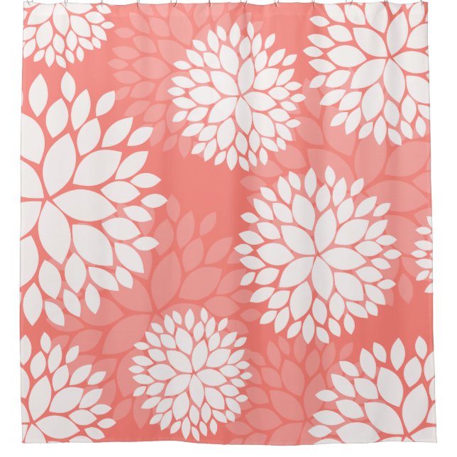 Coral Peach White Floral Pattern Shower Curtain (Front)