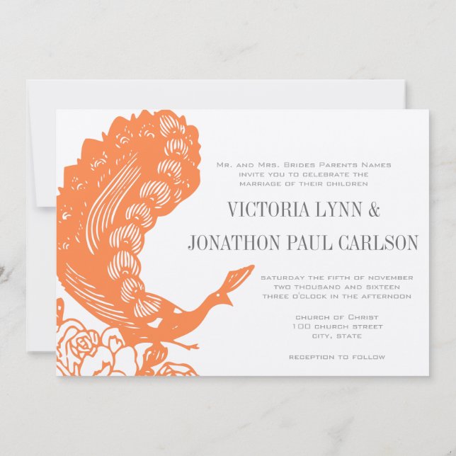 Coral Peacock Roaring 20s Wedding Invitations (Back)