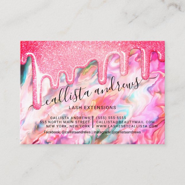 Coral Pearl Opal Glitter Drips Lashes Aftercare Business Card (Front)