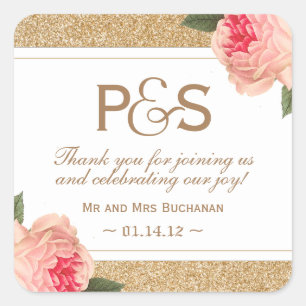 Coral Peonie and Gold Glitter Favour Stickers