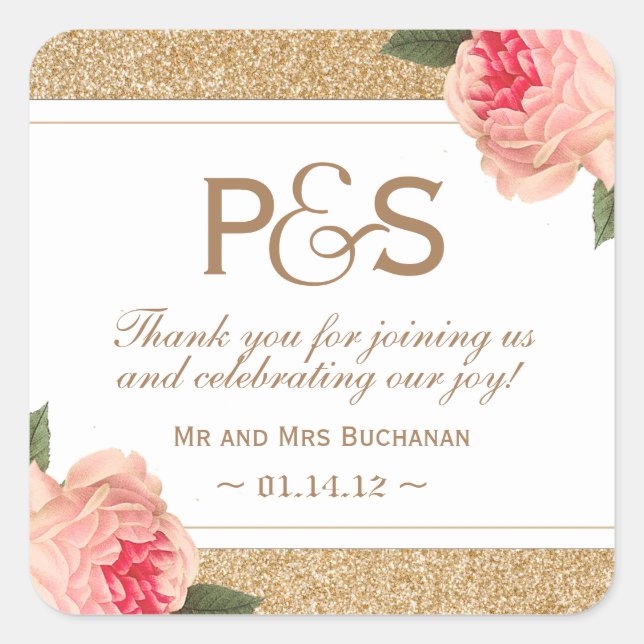 Coral Peonie and Gold Glitter Favour Stickers (Front)