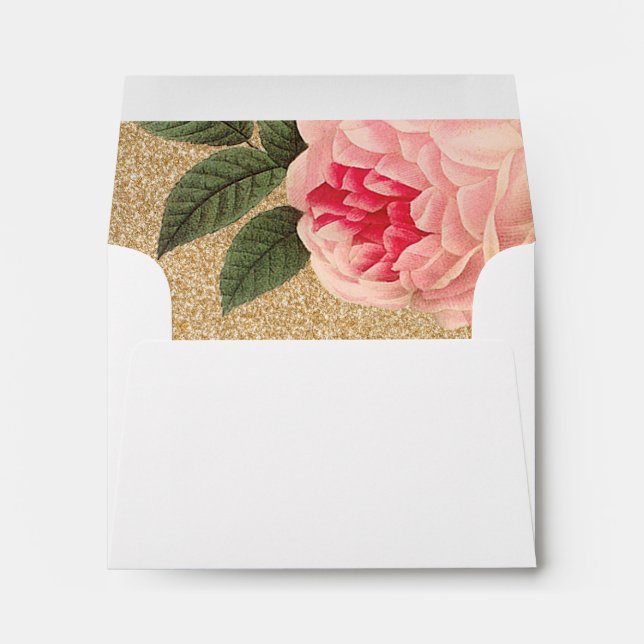Coral Peonie and Gold Glitter Wedding Envelopes (Back (Bottom))
