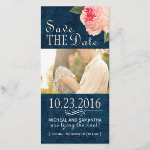 Coral Peonie and Navy Save the Date Photo Cards
