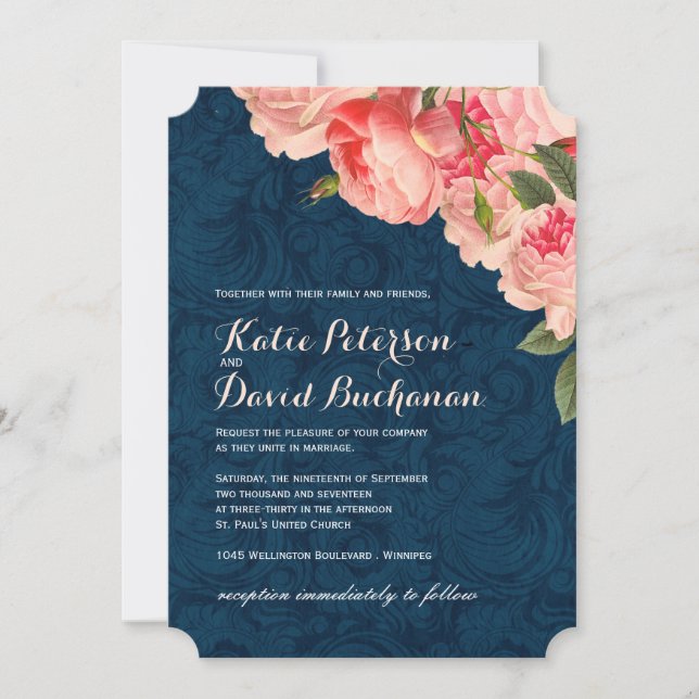 Coral Peonie on Navy Wedding Invitation (Front)