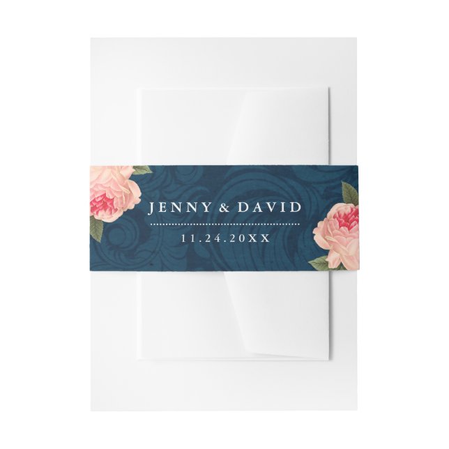 Coral Peonies and Navy Blue Belly Bands Invitation Belly Band (Front Example)