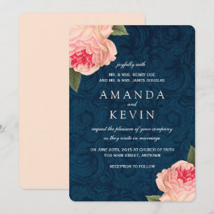 Coral Peonies and Navy Wedding Invitations