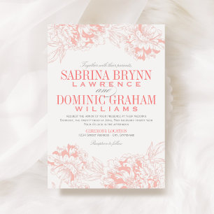 Coral Peony and Grey Frame Wedding Invitation
