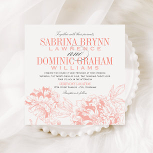 Coral Peony and Grey Wedding Invitation