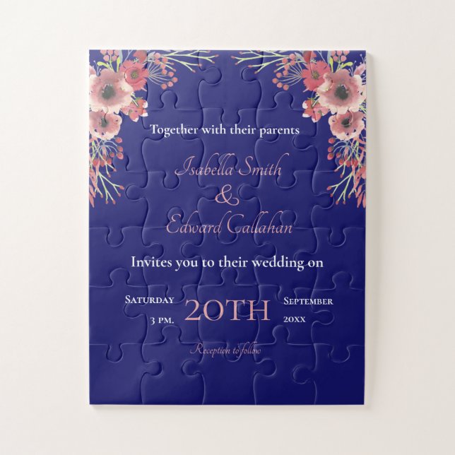 Coral Peony Floral Bouquet Navy Wedding Invitation Jigsaw Puzzle (Vertical)