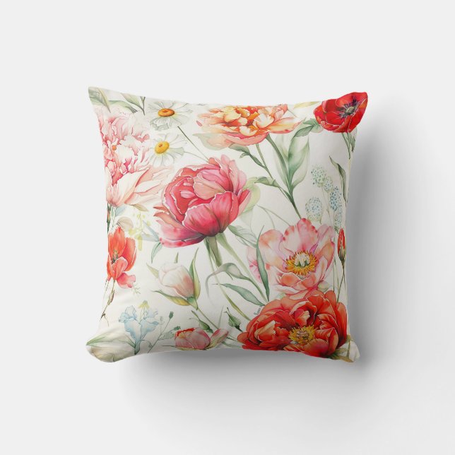 Coral peony flower, white chamomile blossom cushion (Front)