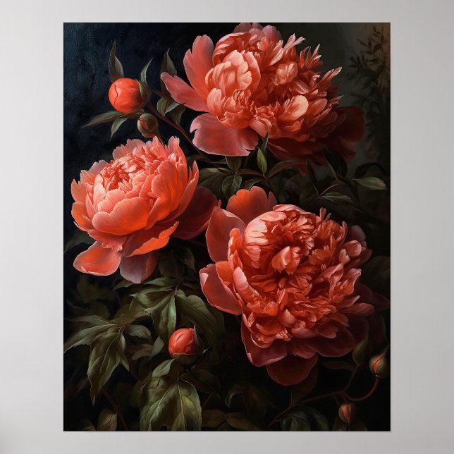 Coral Peony Flowers Art Print Poster (Front)