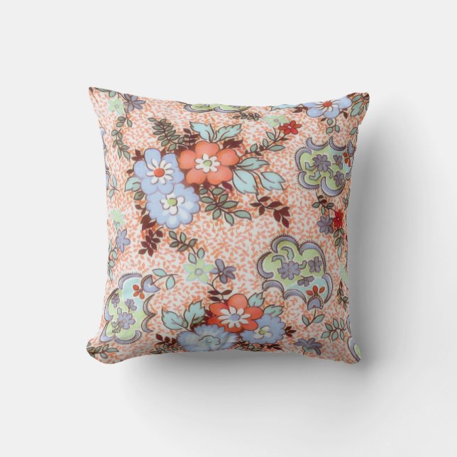 Coral Periwinkle Blue & Green Floral Cushion (Front)