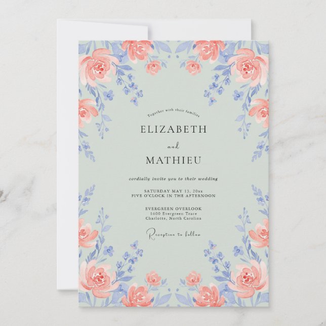 Coral Periwinkle Ranunculus Eucalyptus Wedding Invitation (Front)