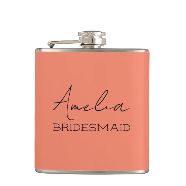 Coral Personalised Bridesmaid Hip Flask (Front)