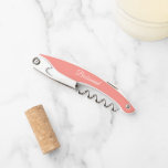 Coral Personalised Wedding Bridesmaid Corkscrew<br><div class="desc">Trendy coral colour wine corkscrew opener for your wedding bridesmaid along with her name on back and printed in white,  stylised script. Personalise corkscrew by replacing name with your bridesmaid name. Available in many,  popular bridesmaid wedding colour schemes.</div>