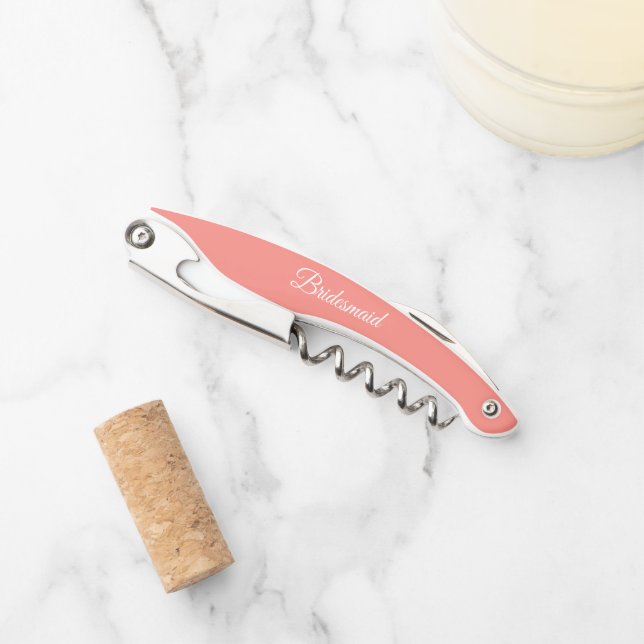 Coral Personalised Wedding Bridesmaid Corkscrew (Front)