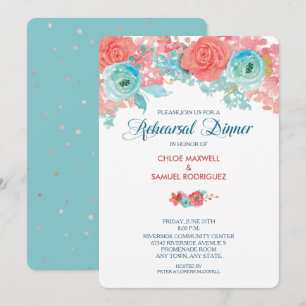 Coral Pink and Aqua Flora Wedding Rehearsal Dinner Invitation
