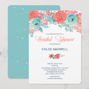 Coral Pink and Aqua Floral Bridal Shower Invite