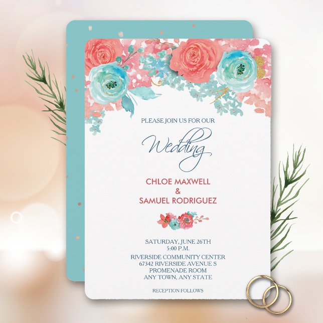Coral Pink and Aqua Floral Wedding Invitation (Creator Uploaded)