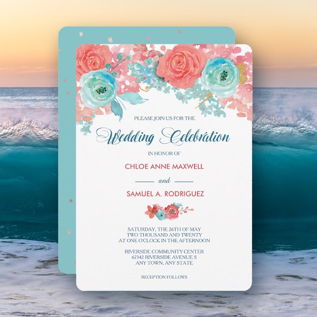 Coral Pink and Aqua Floral Wedding Invitation (Creator Uploaded)