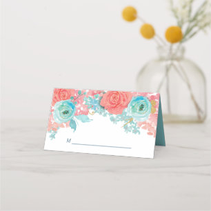 Coral Pink and Aqua Floral Wedding Place Card