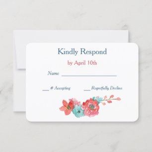 Coral Pink and Aqua Floral Wedding RSVP