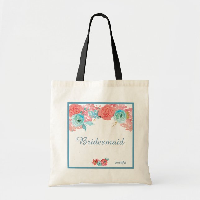 Coral Pink and Aqua Floral Wedding Tote Bag (Front)