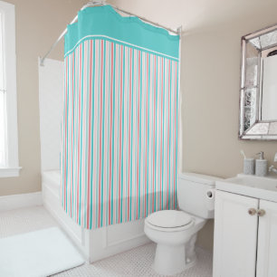 Coral Pink and Aqua Stripe Pattern Shower Curtain