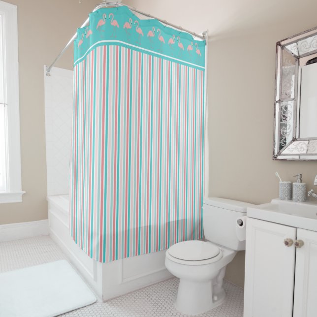 Coral Pink and Aqua Stripes with Flamingo Border Shower Curtain (In Situ)