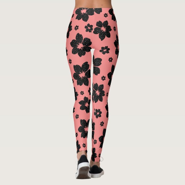 Coral Pink and black Flower diamond Glitter  Leggings (Back)