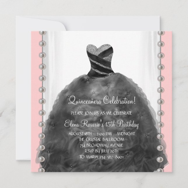 Coral Pink and Black Quinceanera Invitations (Front)
