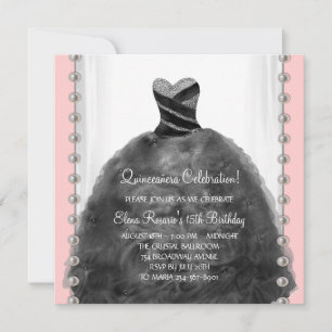 Coral Pink and Black Quinceanera Invitations