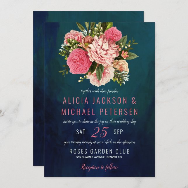 Coral pink and blush flowers bouquet moody wedding invitation (Front/Back)